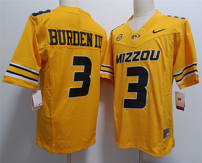 Men's Missouri Tigers #3 Luther Burden III 2023 F.U.S.E. Yellow Rose Bowl Patch Stitched Jersey